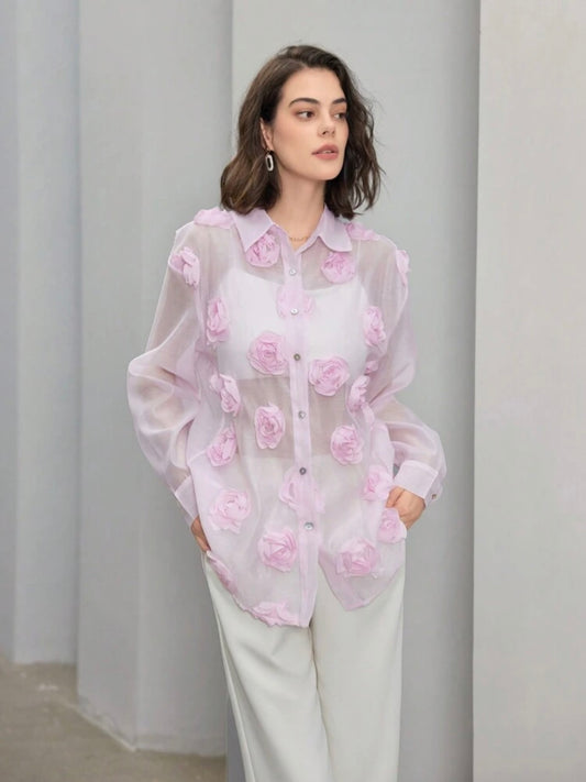 CM-TS896623 Women Elegant Seoul Style 3D Floral Long Sleeve Sheer Mesh Blouse - Baby Pink