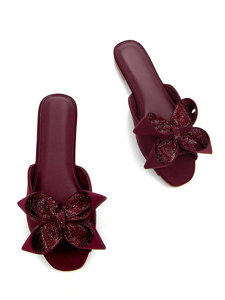 CM-SHS575509 Women Trendy Seoul Style 3D Rhinestone Floral Bow Decor Square Toe Mule Sandals - Burgundy