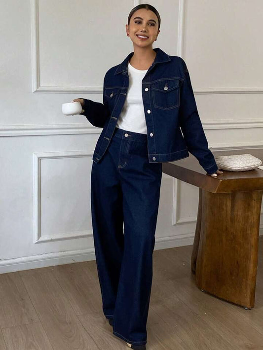 CM-SS772427 Women Casual Seoul Style Collar Neckline Long Sleeve Denim Jacket With Jeans - Set