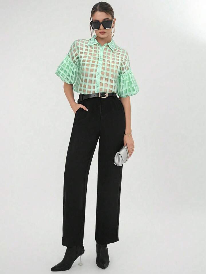 CM-TS600039 Women Casual Seoul Style Plaid Mesh Drop Shoulder Crop Shirt - Mint Green