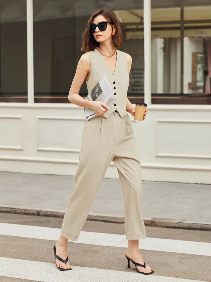 CM-SS777527 Women Casual Seoul Style Slim Fit Single-Breasted Vest With Capri Pants Set - Beige