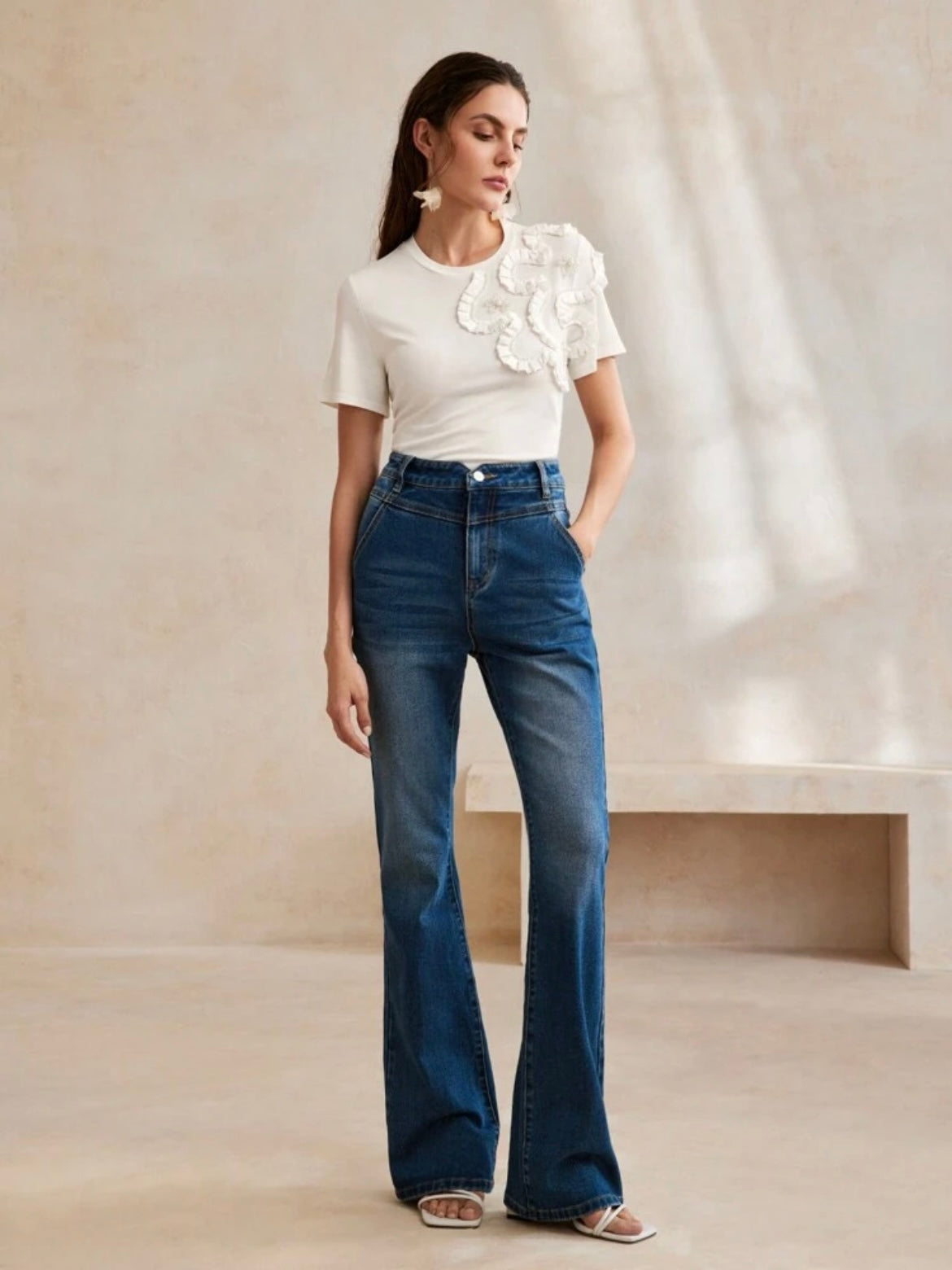 CM-TS986634 Women Casual Seoul Style Slim Fit Elastic 3D Floral Print Short Sleeve T-Shirt Top - White