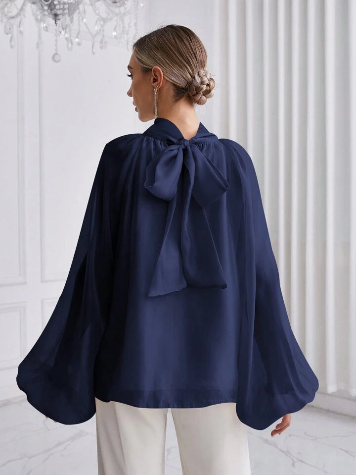 CM-TS940136 Women Elegant Seoul Style High Neck Lantern Sleeve Shirt - Navy Blue
