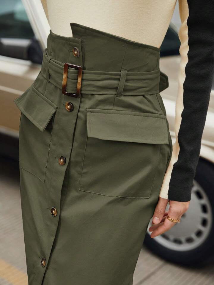 CM-BS042185 Women Casual Seoul Style Flap Pocket Button Front Belted Skirt - Army Green