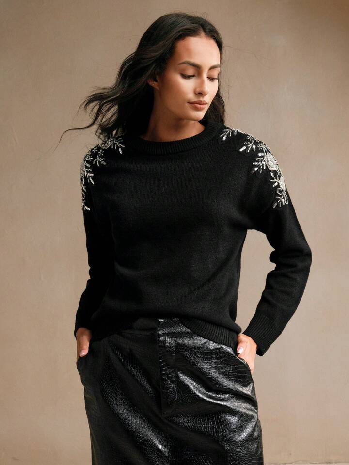 CM-CS888830 Women Casual Seoul Style Diamond Embellished Crew Neck Long Sleeve Sweater - Black