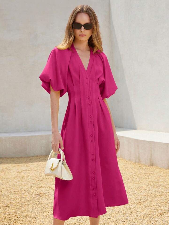 CM-DS242766 Women Elegant Seoul Style Solid Color Chiffon Cinched Waist Puff Sleeve Open Front Long Dress - Purple