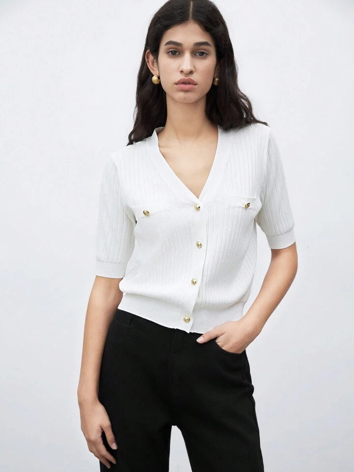 CM-TS513431 Women Casual Seoul Style V-Neck Short Sleeve Button Front Knit Blouse - White