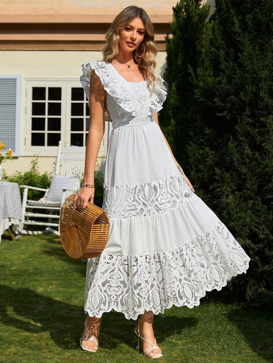 CM-DS973690 Women Elegant Seoul Style Square Neck Mesh Splice Ruffle Hem Dress - White