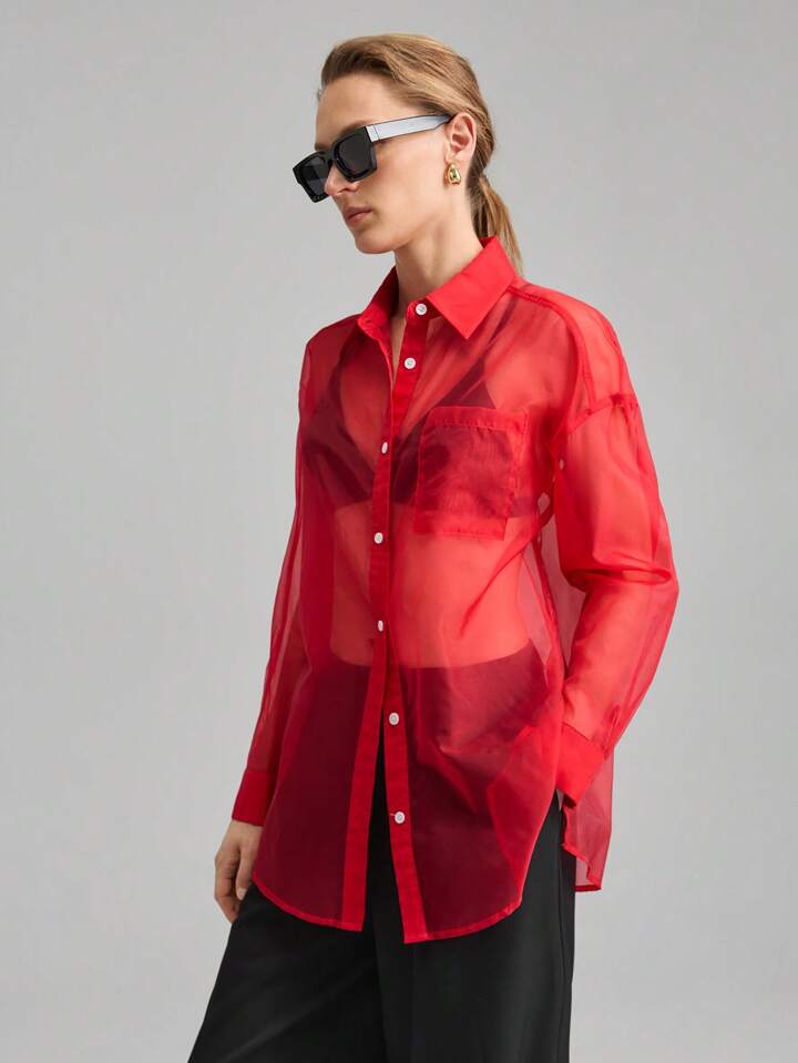 CM-TS755066 Women Elegant Seoul Style Shirt Collar Sheer Long Sleeve Oversized Blouse - Red