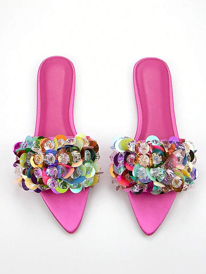 CM-SHS858595 Women Trendy Seoul Style Beads Embroidery 3D Floral Decor Pointed Toe Flat Mules - Hot Pink