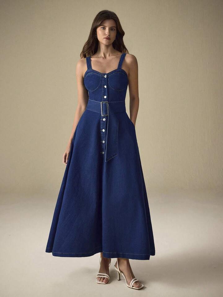 CM-DS980065 Women Elegant Seoul Style Dark Wash Straps Neckline Sleeveless Button Front Buckle Belted Denim Dress