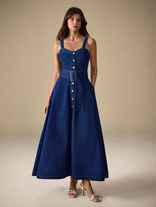 CM-DS980065 Women Elegant Seoul Style Dark Wash Straps Neckline Sleeveless Button Front Buckle Belted Denim Dress