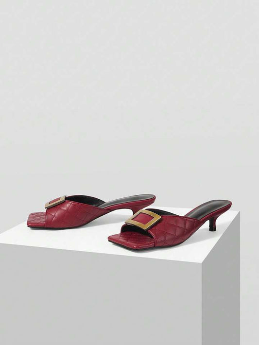 CM-SHS026491 Women Trendy Seoul Style Colorblock Square Toe High Heel Sandals - Burgundy