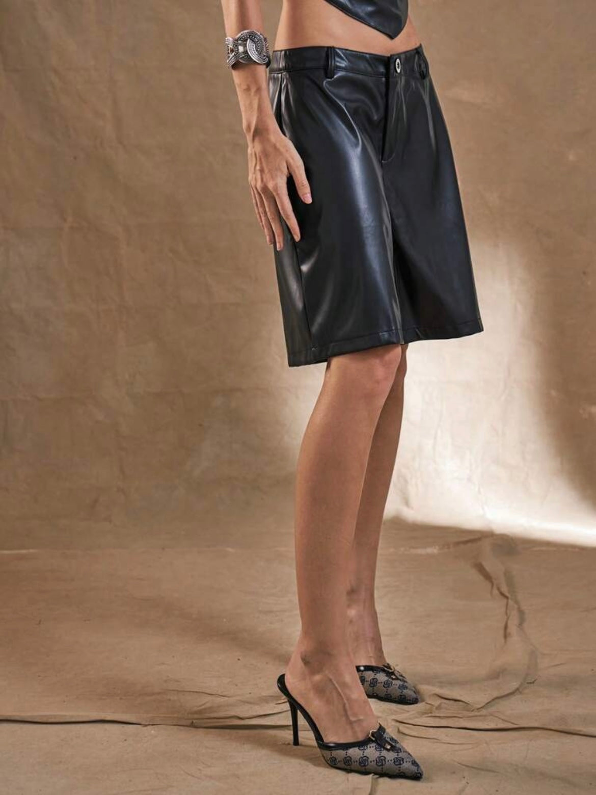 CM-BS455876 Women Casual Seoul Style Drop Waist PU Longline Bermuda Shorts