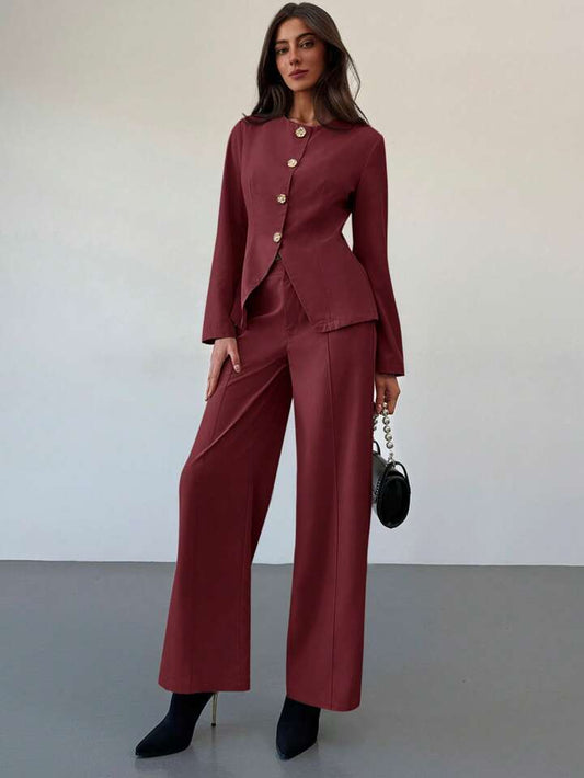 CM-SS012207 Women Elegant Seoul Style Slim Fit Round Neck Long Sleeve Top With Floor-Length Straight Leg Pants - Set