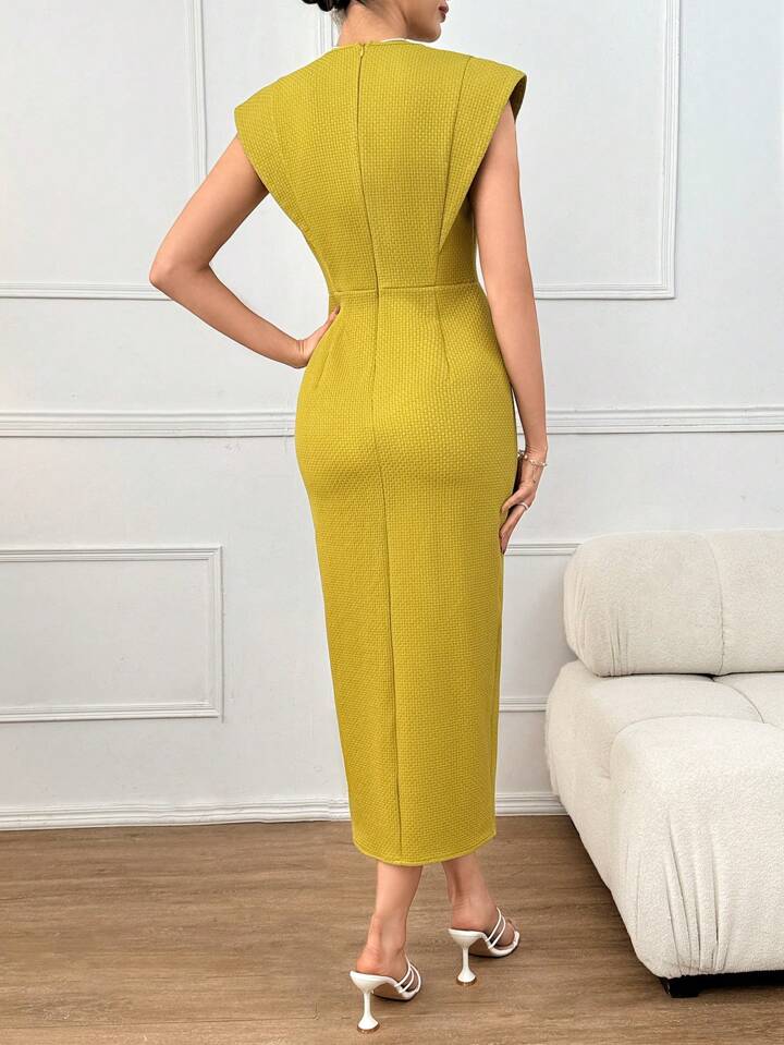 CM-DS491522 Women Elegant Seoul Style V-Neck Cap Sleeve Button Detail Wrap Hem Dress - Mustard Yellow