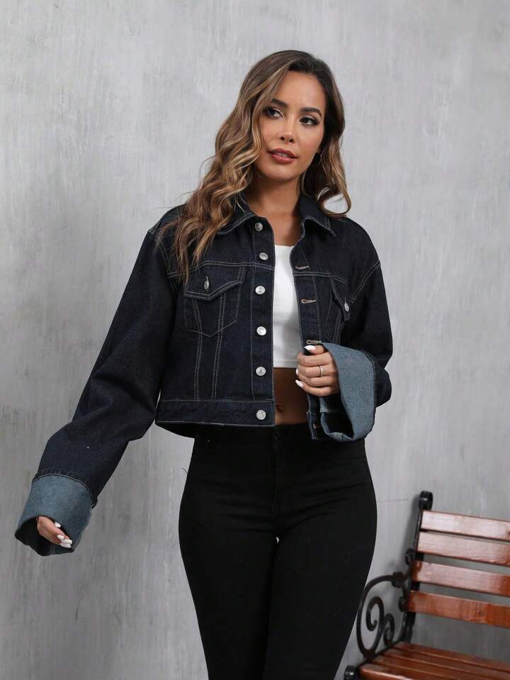 CM-CS534735 Women Casual Seoul Style Collar Neckline Extra Long Rolled Sleeve Denim Jacket - Blue