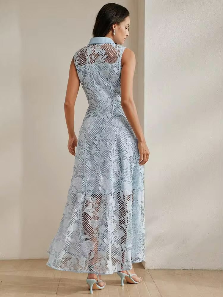 CM-DS689993 Women Elegant Seoul Style Collar Neckline Sleeveless Lace Patchwork Waist Cinched A-Line Dress - Blue