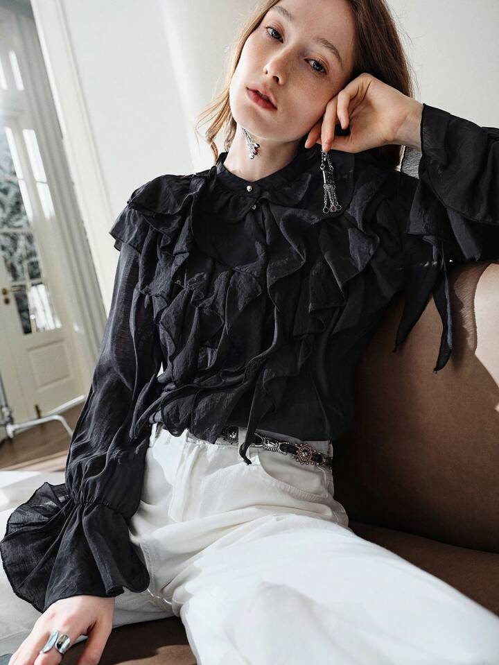 CM-TS054615 Women Elegant Seoul Style Multi-Layer Ruffle Trim Chiffon Flowy Asymmetrical Flounce Sleeve Blouse - Black