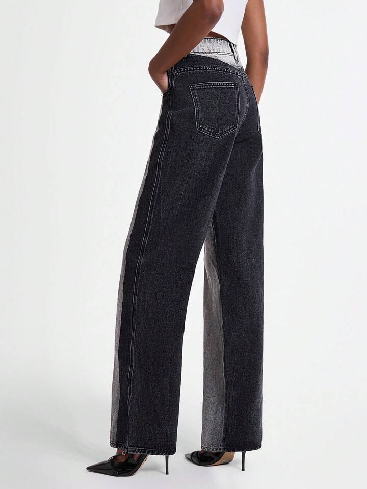 CM-BS901788 Women Casual Seoul Style Color-Block High Waist Patchwork Flared Leg Jeans - Black