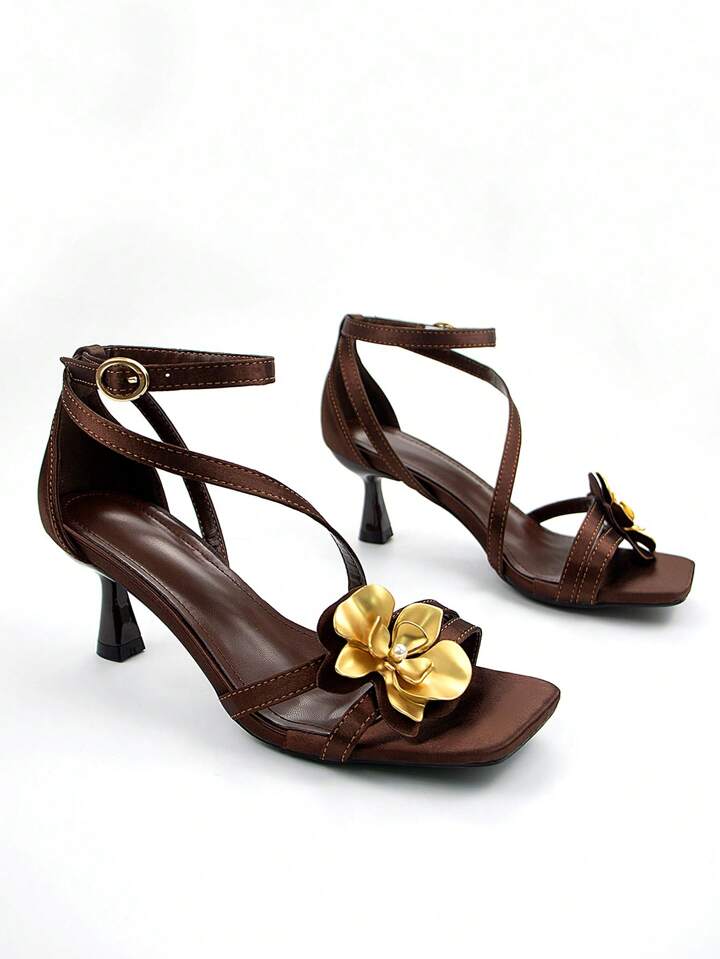 CM-SHS730345 Women Trendy Seoul Style Metal Floral Decor Ankle Strap Square Toe Kitten Heel Sandals - Chocolate Brown