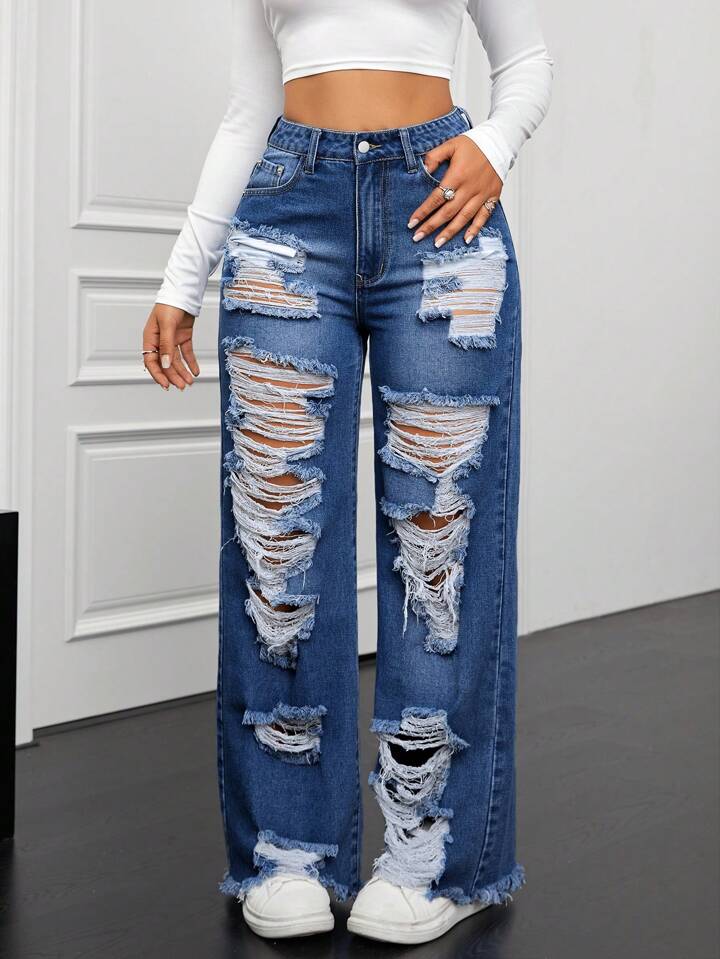 CM-BS168464 Women Casual Seoul Style Dark Wash Front Button Pocket Distressed Ripped Denim Long Jeans