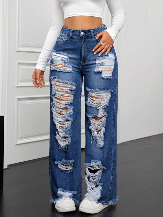 CM-BS168464 Women Casual Seoul Style Dark Wash Front Button Pocket Distressed Ripped Denim Long Jeans