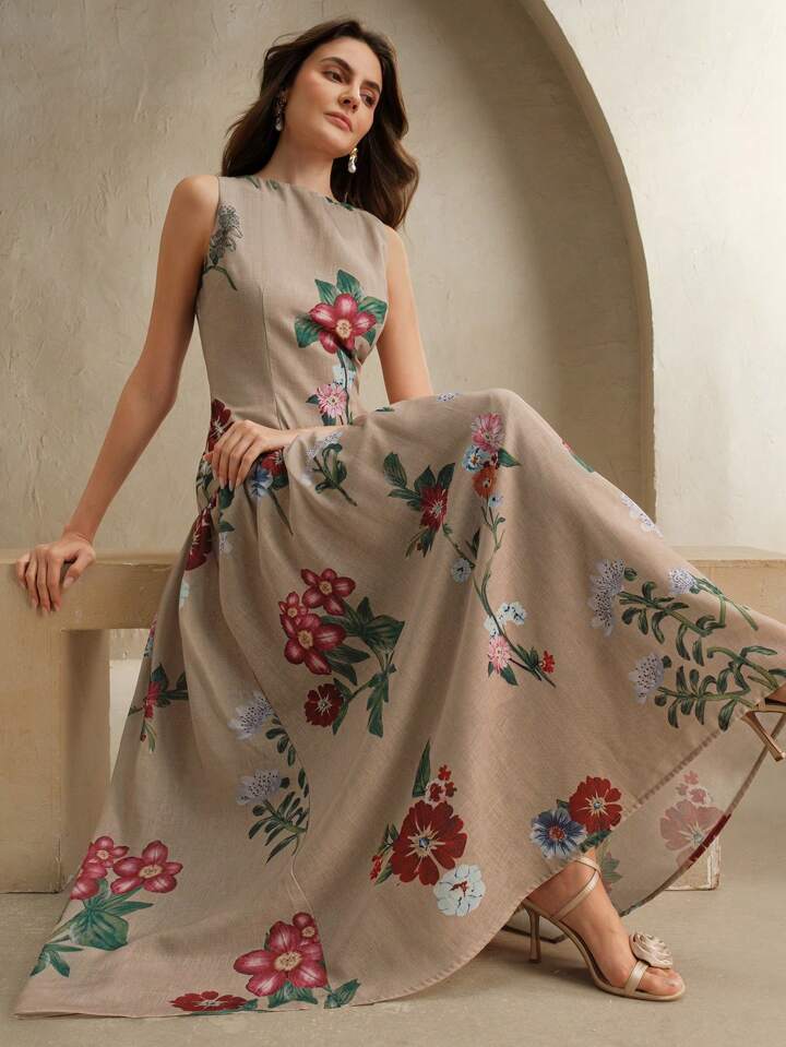 CM-DS855624 Women Elegant Seoul Style Floral Print Stand Collar Sleeveless Low Waist Swing Long Dress