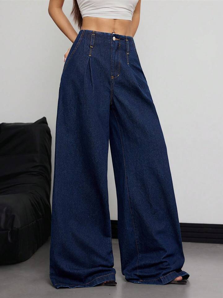 CM-BS170080 Women Casual Seoul Style Mid Waist Loose Extra Long Straight-Leg Denim Jeans - Blue