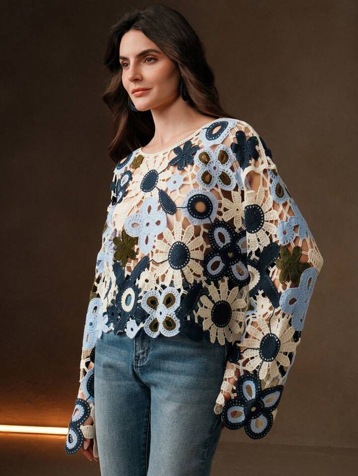 CM-CS203085 Women Trendy Bohemian Style Floral Hollow Out Knitted Long Sleeve Pullover Cover Up