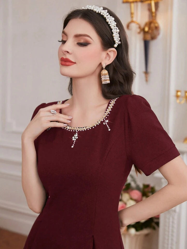 CM-DS510354 Women Elegant Seoul Style Rhinestone Stud Embellished Split Hem Maxi Dress