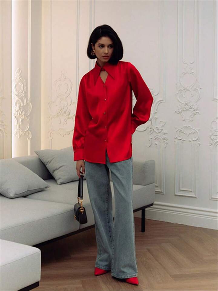 CM-TS338316 Women Elegant Seoul Style Open Shirt Collar Long Sleeve Blouse - Red