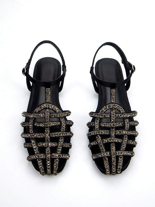 CM-SHS618759 Women Trendy Seoul Style Rhinestone Strap Adorned Flat Sandals - Black