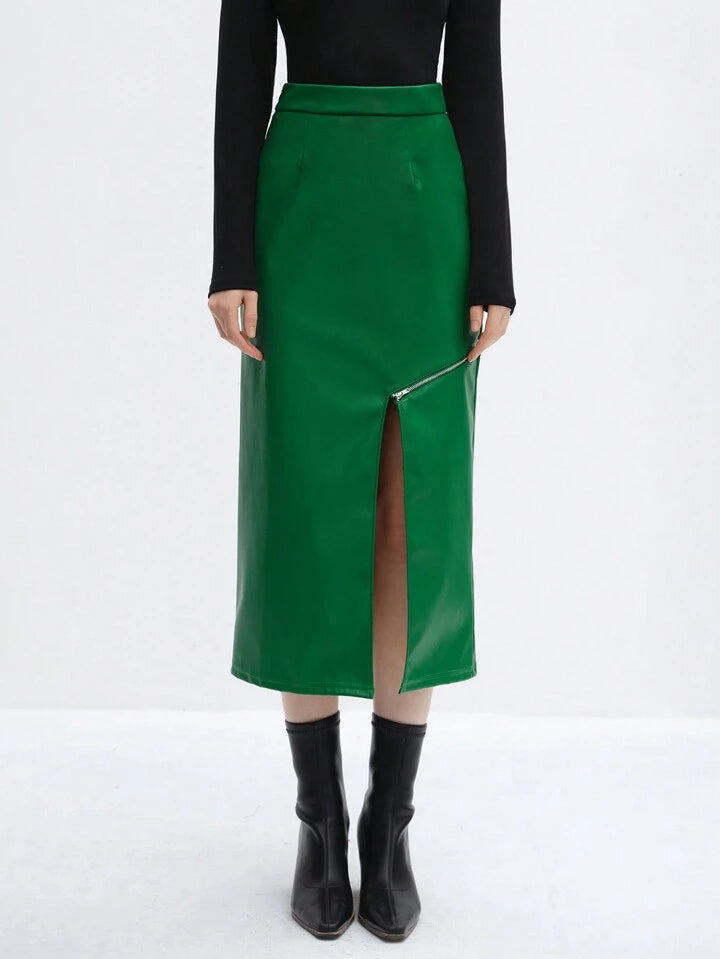 CM-BS095313 Women Elegant Seoul Style High Waist Slit Hem Skinny Skirt - Green