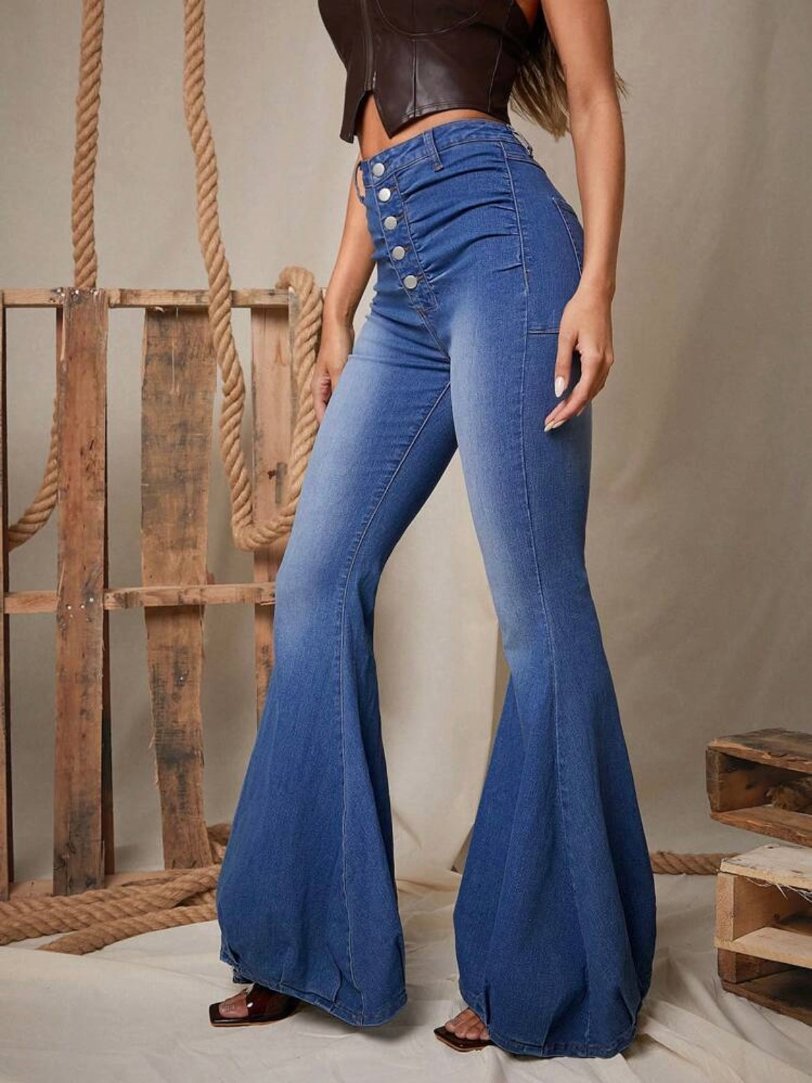 CM-BS919313 Women Casual Seoul Style Dark Wash Front Button High Waist Flare Leg Denim Pants