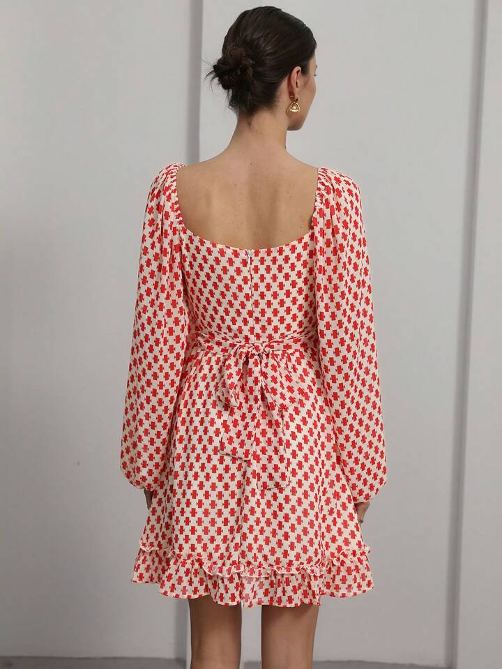 CM-DS515289 Women Elegant Seoul Style Square Neck Geometric Print Long Sleeve Peplum Hem Midi Dress