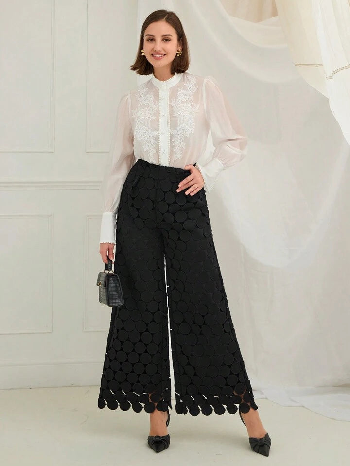 CM-BS035384 Women Trendy Bohemian Style Elastic Waist Lace Straight Leg Trousers - Black