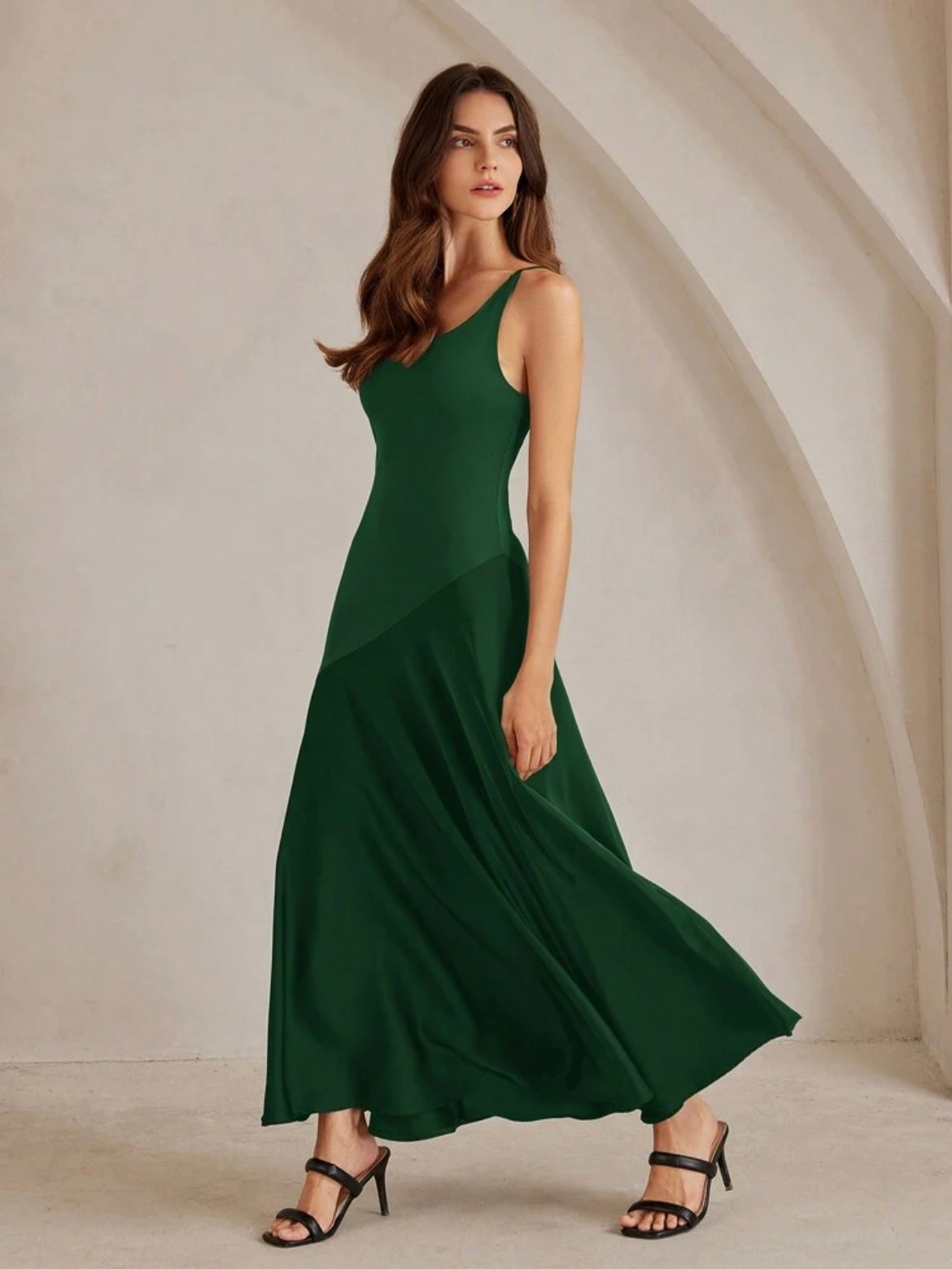 CM-DS289049 Women Elegant Seoul Style Solid Color Minimalist Spaghetti Strap Maxi A-Line Dress - Green
