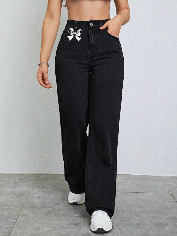 CM-BS327771 Women Casual Seoul Style Button Waist Belt Loop Pocket Bow Decor Straight Loose Pants