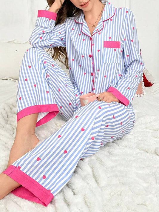 CM-LS499944 Women Trendy Seoul Style Striped Heart Patchwork Cardigan With Pajama Pants Set