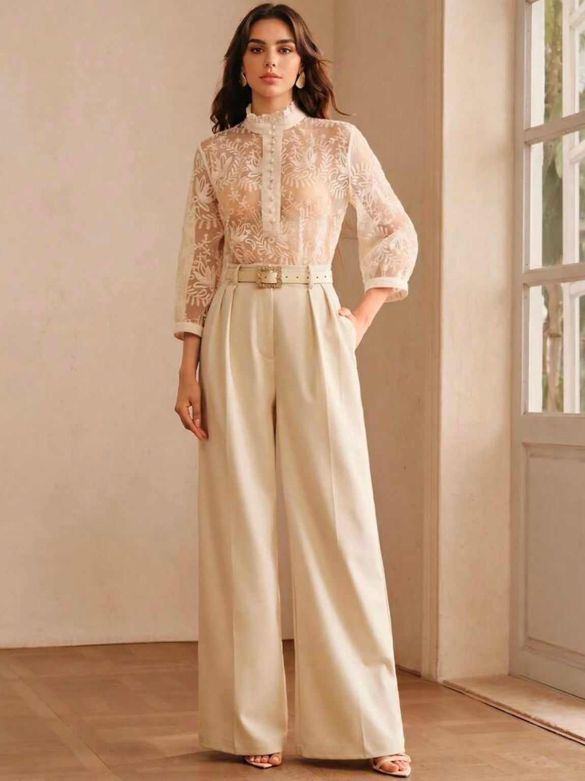 CM-TS392643 Women Elegant Seoul Style Hollow Stand Collar 3/4 Sleeve Embroidered Top - Apricot