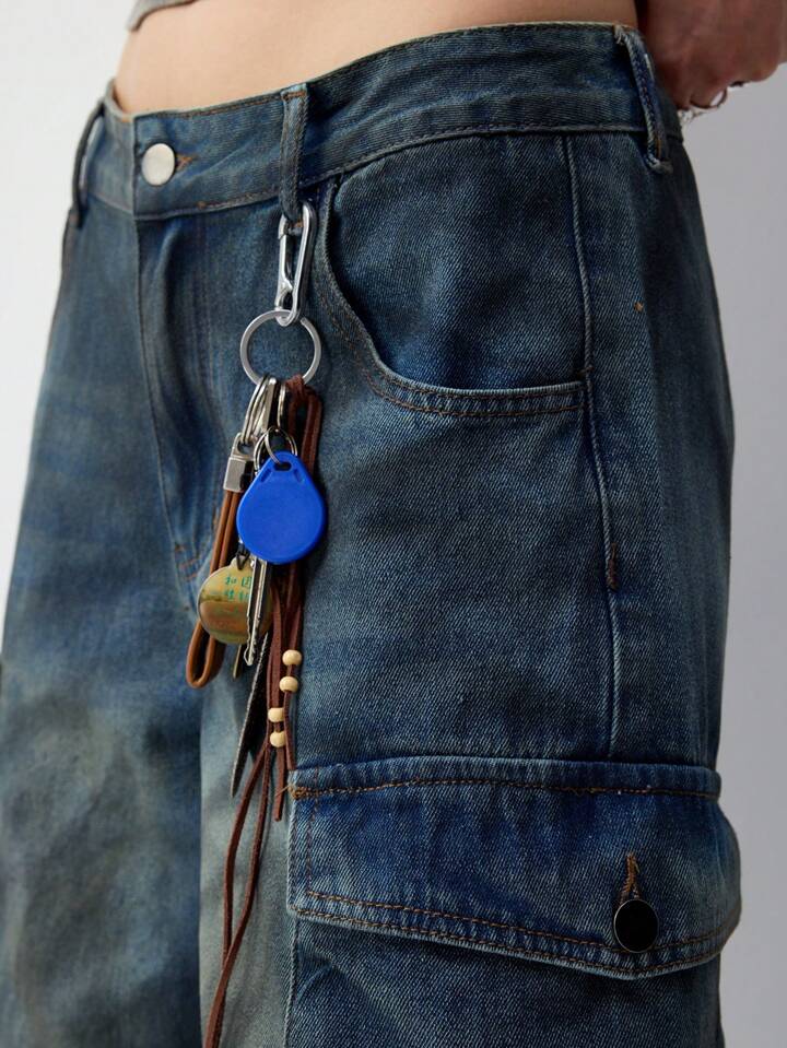 CM-BS497784 Women Casual Seoul Style Washed Drop Waist Denim Cargo Shorts - Blue