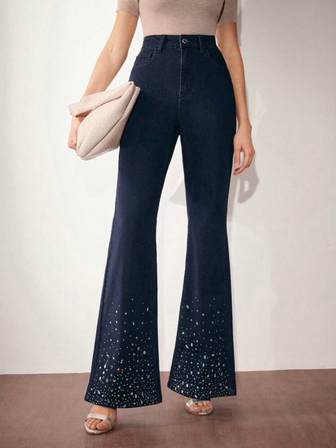 CM-BS500540 Women Casual Seoul Style High Waist Slim Fit Rhinestone Embellished Flare Leg Jeans