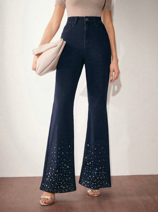 CM-BS500540 Women Casual Seoul Style High Waist Slim Fit Rhinestone Embellished Flare Leg Jeans
