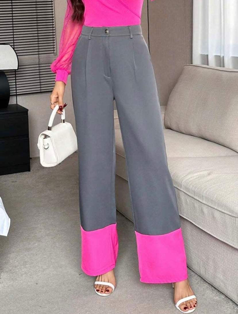 CM-BS600618 Women Elegant Seoul Style Colorblock Slant Pocket Suit Pants