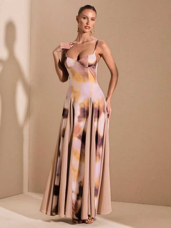 CM-DS498440 Women Elegant Seoul Style Multi-Color Ombre Print Patchwork Oversized Hem Long Dress