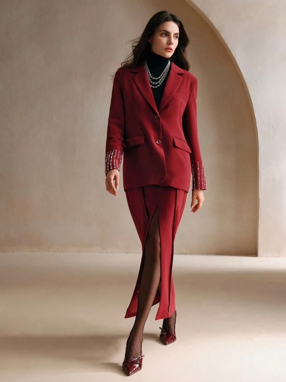 CM-SS977910 Women Elegant Seoul Style Lapel Neckline Colorblock Blazer Jacket With Slit Skirt - Set