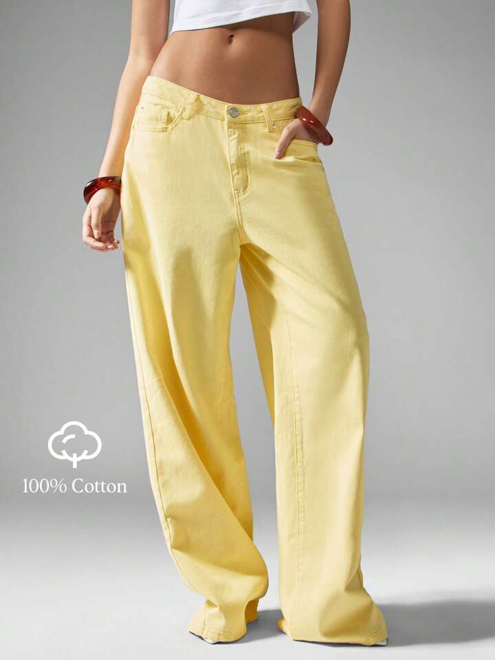 CM-BS804471 Women Casual Seoul Style Mid Waist Ultra Wide Leg Baggy Jeans - Yellow