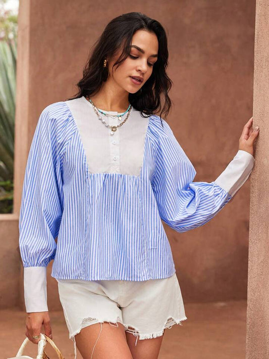 CM-TS930057 Women Casual Seoul Style Round Neck Printed Patchwork Long Sleeve Shirt - Blue