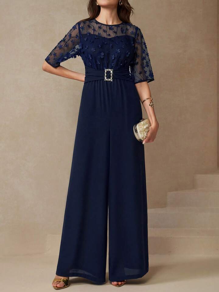 CM-JS605655 Women Elegant Seoul Style Round Neck Half Sleeve Mesh Buckle Wide Leg Jumpsuit